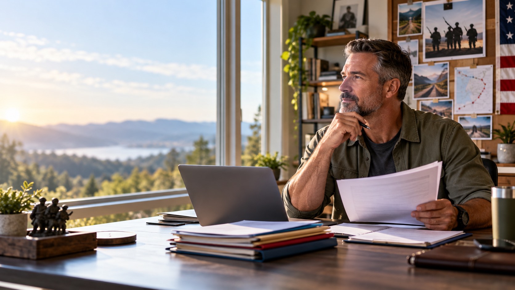 A Veteran at his desk by a sunlit window holds his paperwork and thinks through his next step.