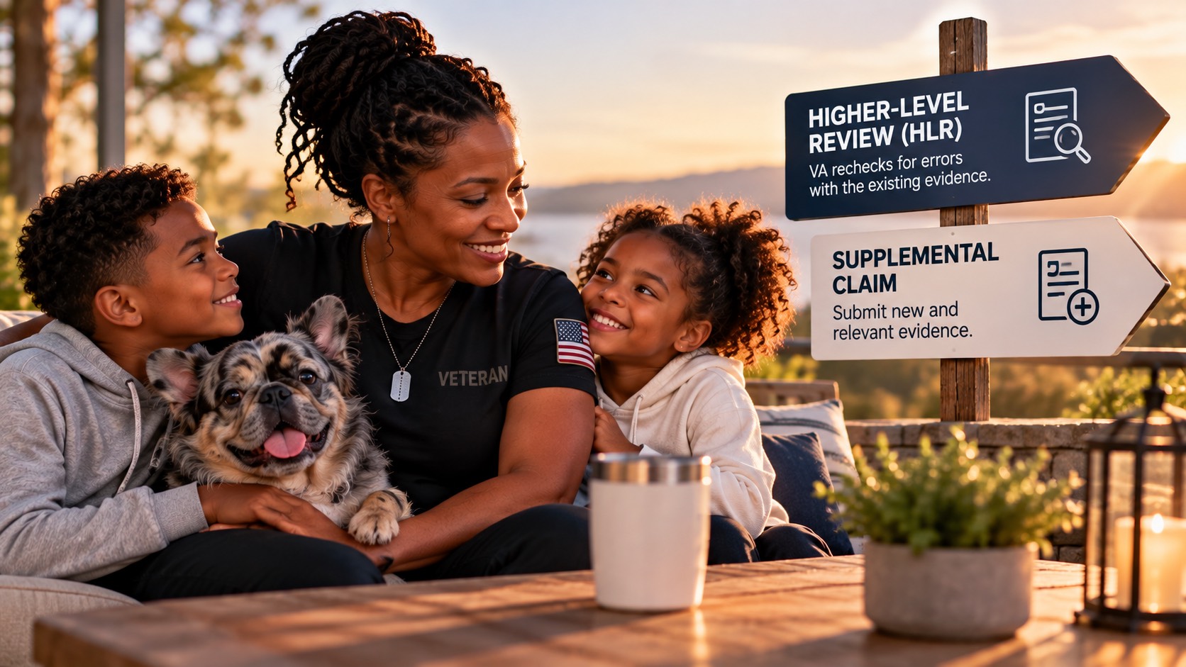 A Veteran mom smiles with her two children and their dog at sunset, beside a signpost pointing to Higher-Level Review and Supplemental Claim.