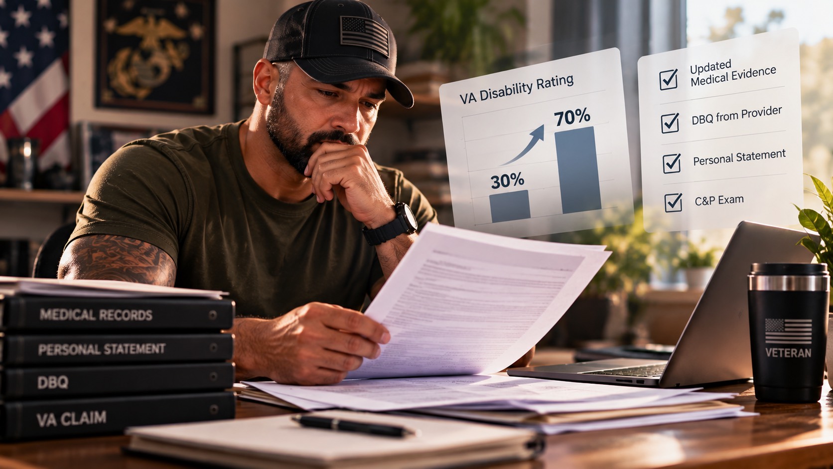 A Veteran at his desk reads through his claim paperwork, with binders of medical records, a personal statement and a DBQ beside him.