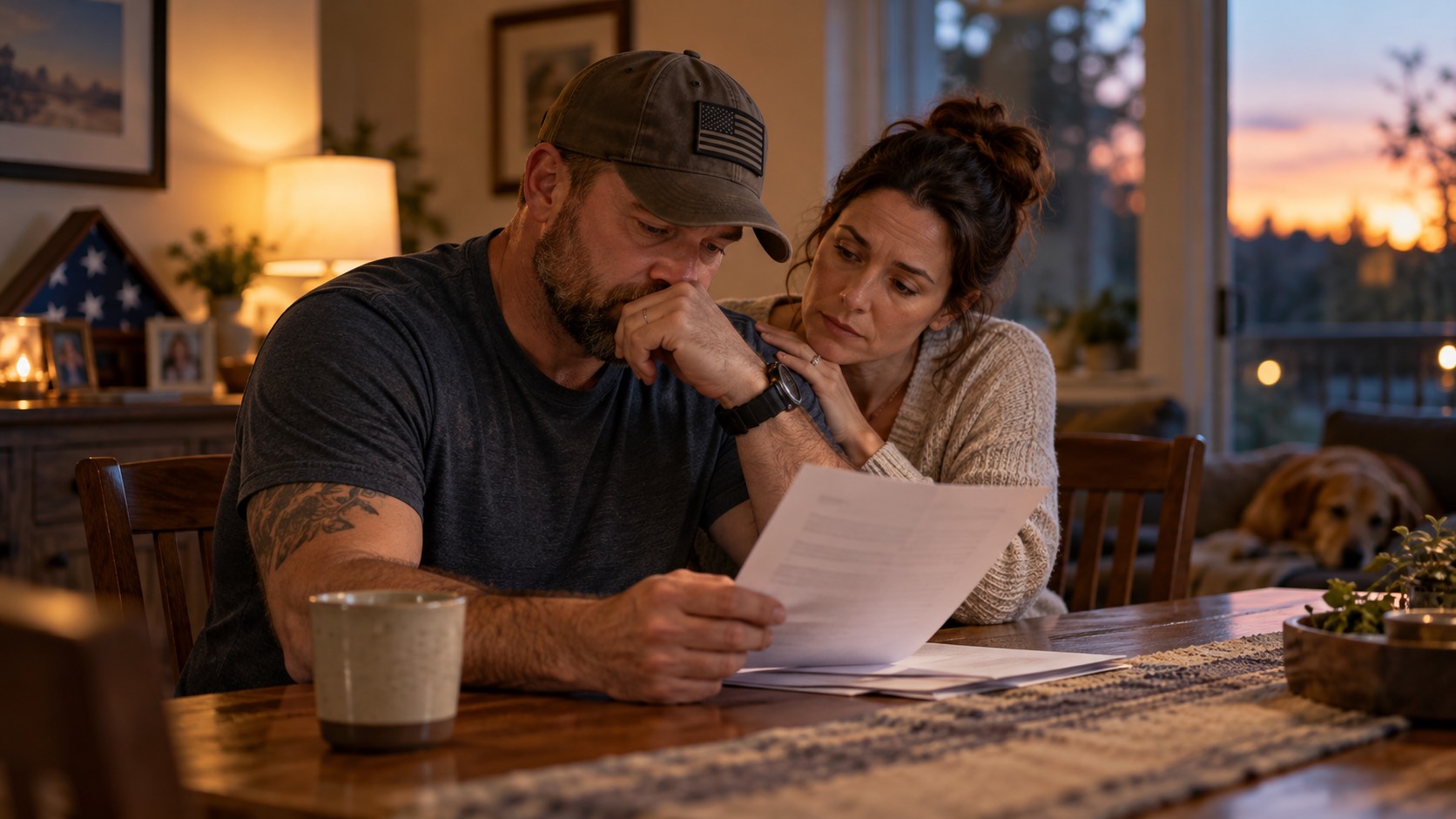 A Veteran reads a letter at the kitchen table at dusk while his partner rests a hand on his shoulder.