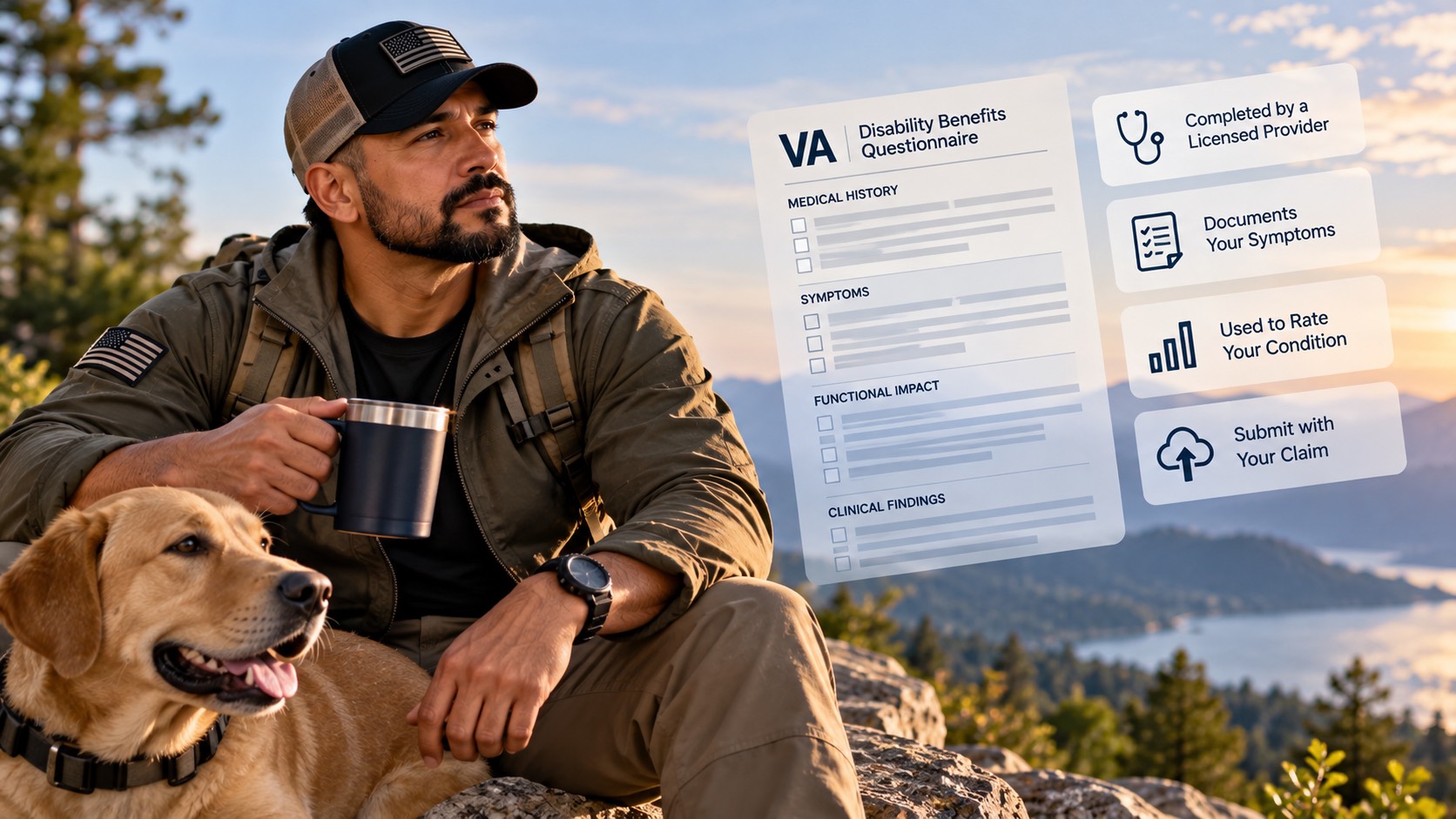 A Veteran with his dog on a mountain overlook at sunrise, beside a graphic of a Disability Benefits Questionnaire and what it is used for.