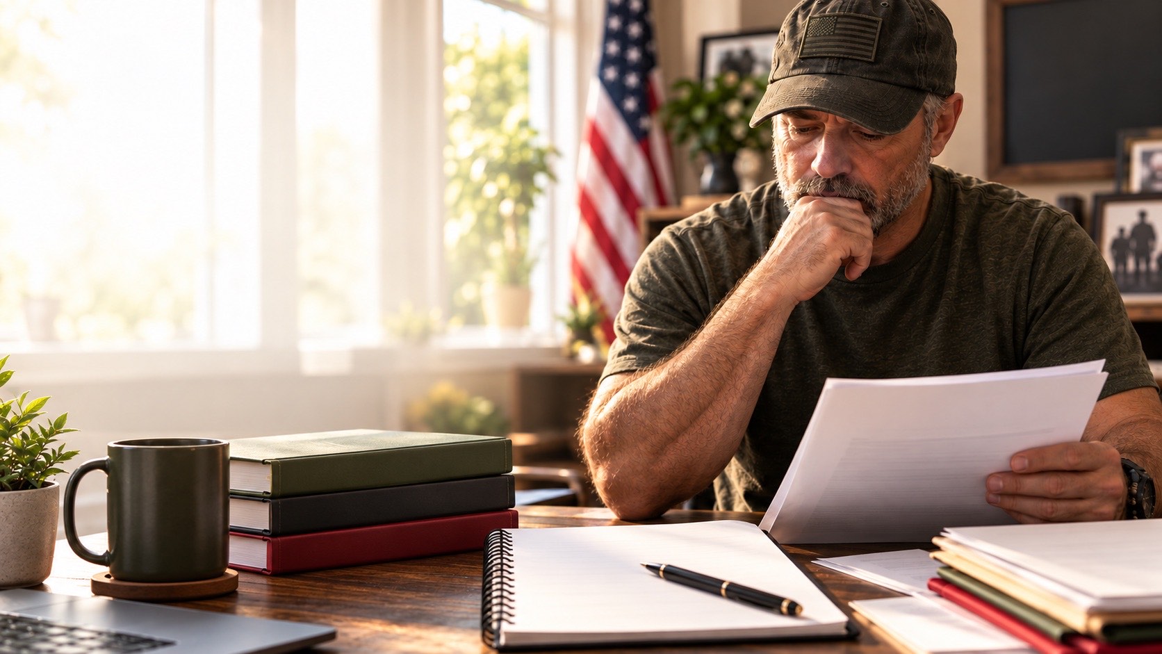 A Veteran in a cap sits at a desk, reading through his paperwork with a hand on his chin.